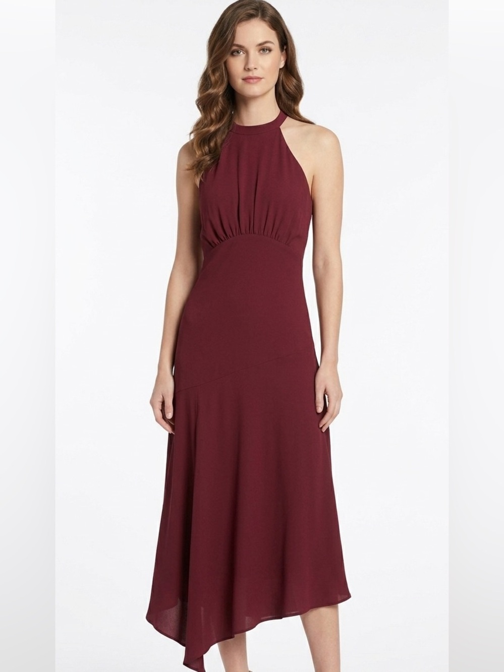 Donna Morgan Catalina Deep Red Wine Crepe Halter Maxi Dress Size 8